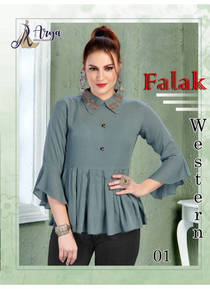 Arya Falak Western Latest Rayon Cotton embroidery Work Designer Party Wear Ladies Tops Collection 